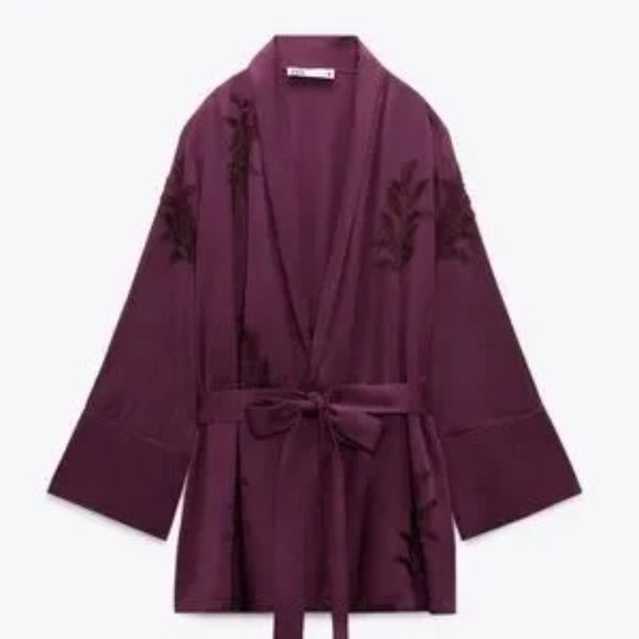 Women's Zara Embroidered Beaded Open Kimono With Matching Tied Belt Size XL - Picture 4 of 7